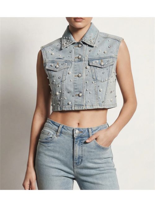 Gilet Denim Crop con Strass  Senza Maniche -  Lavaggio Chiaro Met Met | M12 T4L935V.UNICA